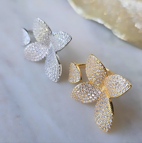 Luxury Fashion Jewelry 18K Gold Plated with CZ Rings Charm Flower Open Ring for Women