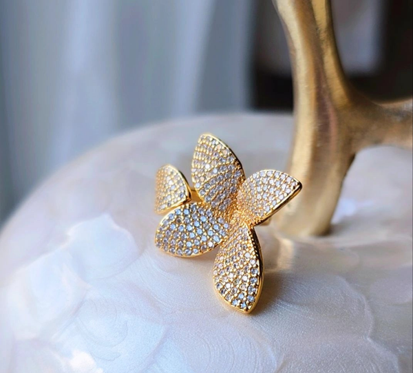 Luxury Fashion Jewelry 18K Gold Plated with CZ Rings Charm Flower Open Ring for Women