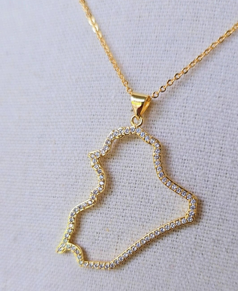 IRAQ Map Necklace - Elegant 21K Gold Plated Chain & Map CZ  Pendant for Formal Events & Daily Wear