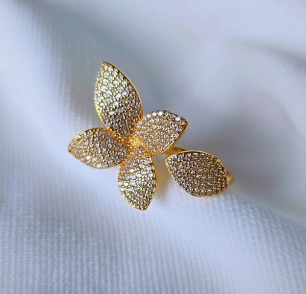 Luxury Fashion Jewelry 18K Gold Plated with CZ Rings Charm Flower Open Ring for Women