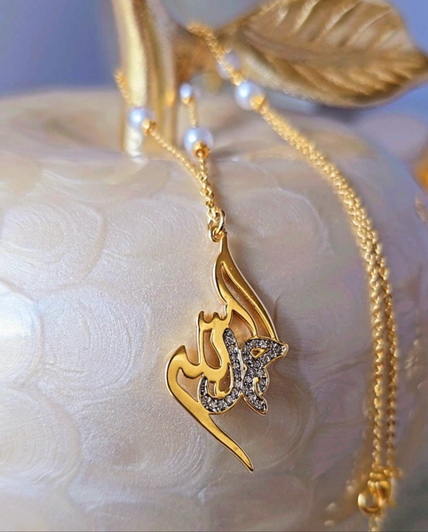 Luxury 21K Gold Plated Stainless Steel Pendant Non Tarnish Hollow Charm Arabic Calligraphy with CZ and pearls Necklace for Women
